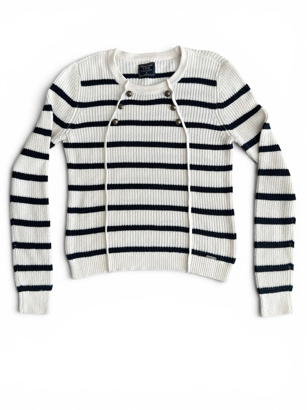 Abercrombie & Fitch Navy and White Striped Button-Detail Sweater